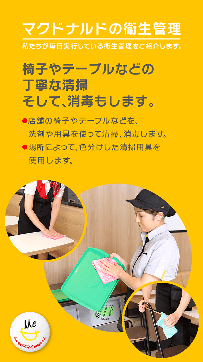 マクドナルドの衛生管理 私たちが毎日実行している衛生管理をご紹介します。 椅子やテーブルなどの丁寧な清掃 そして、消毒もします。 ・店舗の椅子やテーブルなどを、洗剤や用具を使って清掃、消毒します。 ・場所によって、色分けした清掃用具を使用します。