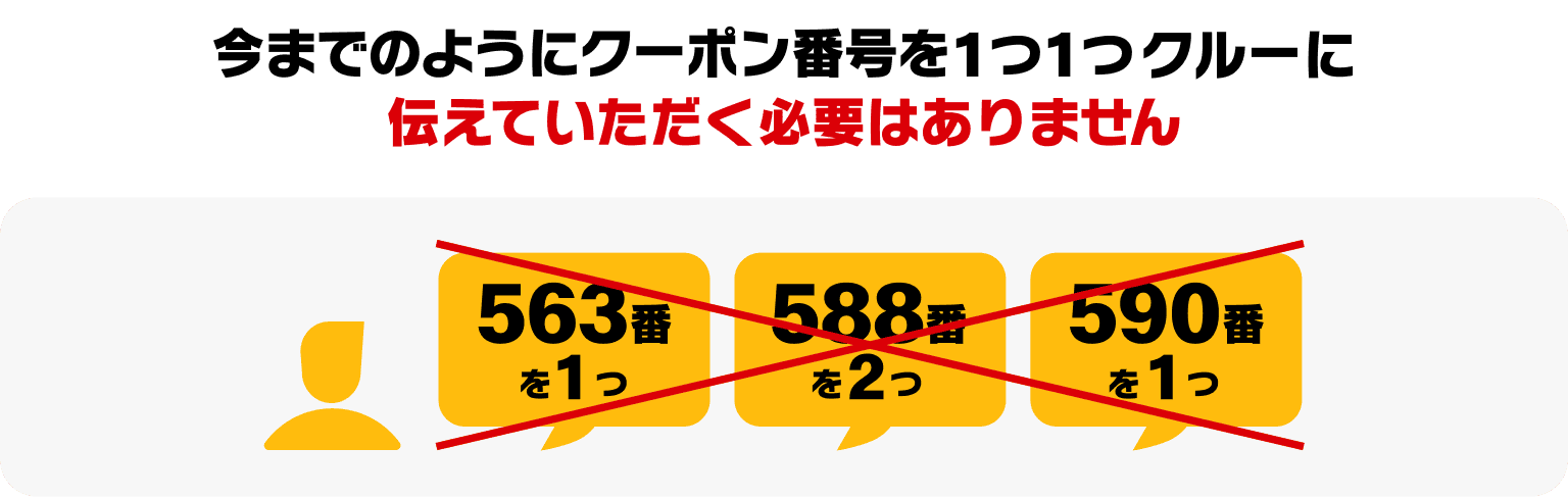 今までのようにクーポン番号を1つ1つクルーに伝えていただく必要はありません