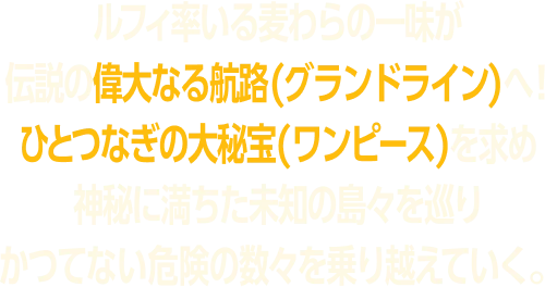ルフィ率いる麦わらの一味が伝説の偉大なる航路(グランドライン)へ！ひとつなぎの大秘宝(ワンピース)を求め、神秘に満ちた未知の島々を巡りかつてない危険の数々を乗り越えていく。