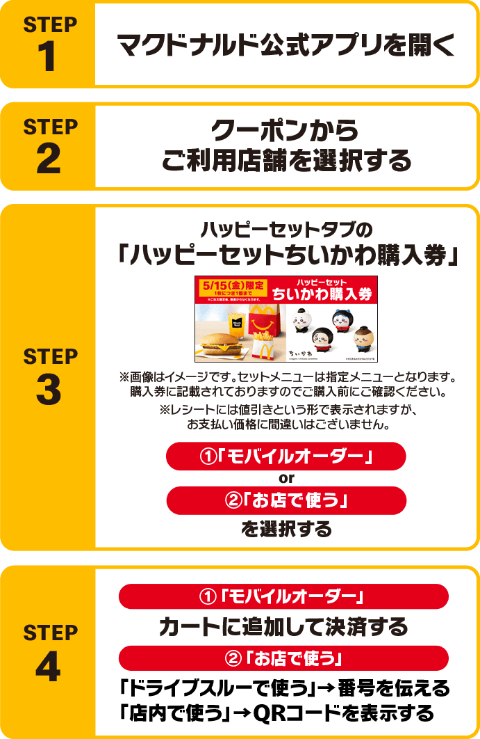 STEP1：マクドナルド公式アプリを開く STEP2：クーポンからご利用店舗を選択する STEP3：ハッピーセットタブの「ハッピーセットちいかわ購入券」①「モバイルオーダー」or ②「お店で使う」を選択する STEP4：①「モバイルオーダー」カートに追加して決済する ②「お店で使う」「ドライブスルーで使う」→番号を伝える「店内で使う」→QRコードを表示する