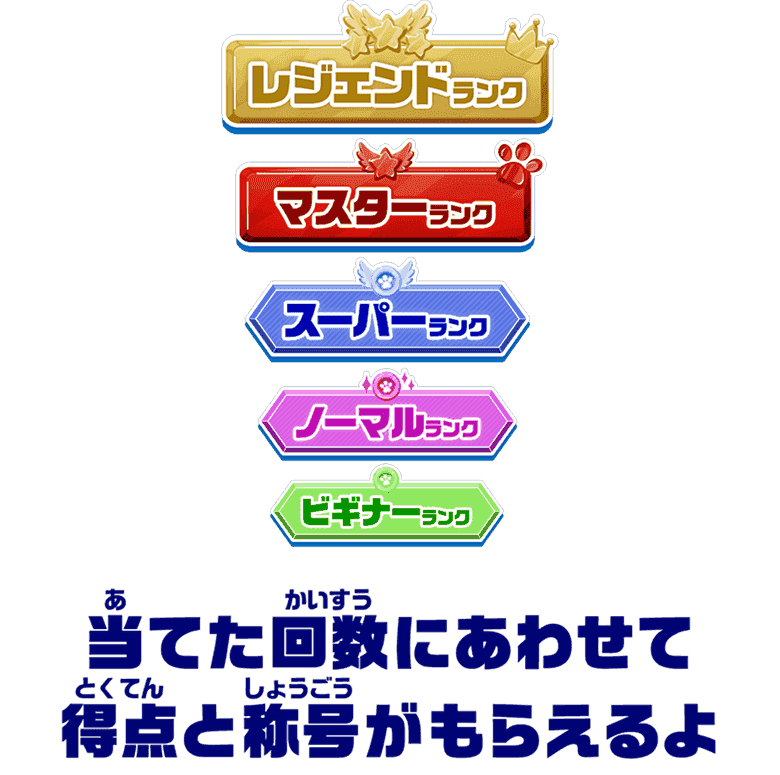 当てた回数にあわせて得点と称号がもらえるよ
