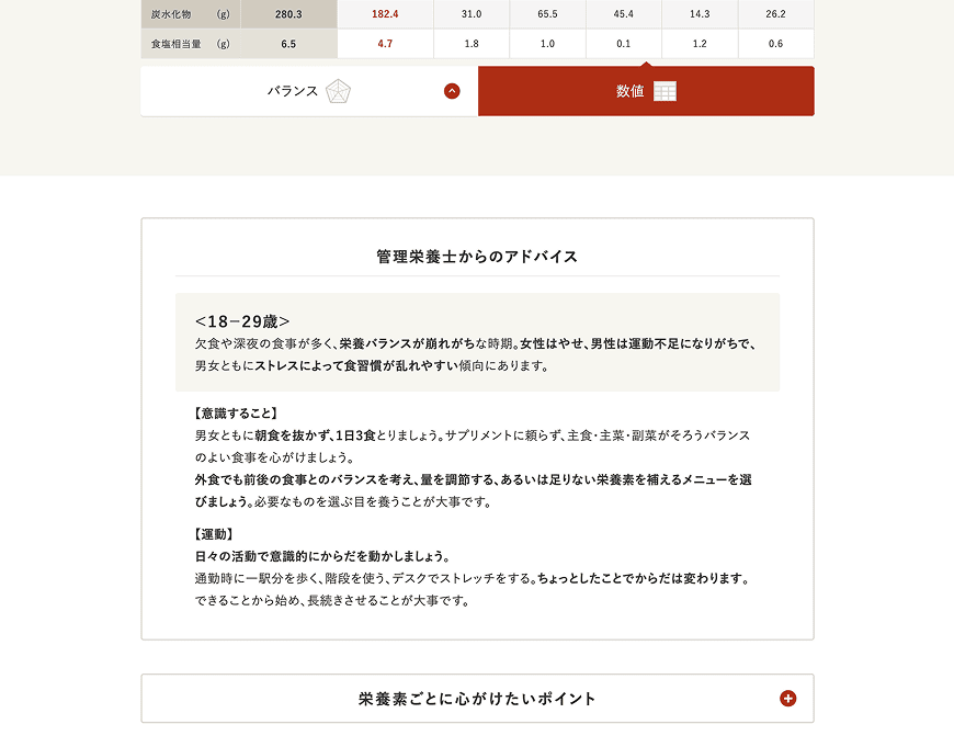 「管理栄養士からのアドバイス」では、年代ごとに心がけたいポイントが表示されます。「栄養素ごとに心がけたいポイント」では、各栄養素の働き、含まれる食品、留意したいポイントが表示されます。（＋）を押してご確認ください。計算結果とあわせ、食事の栄養バランスを考える際にお役立てください。