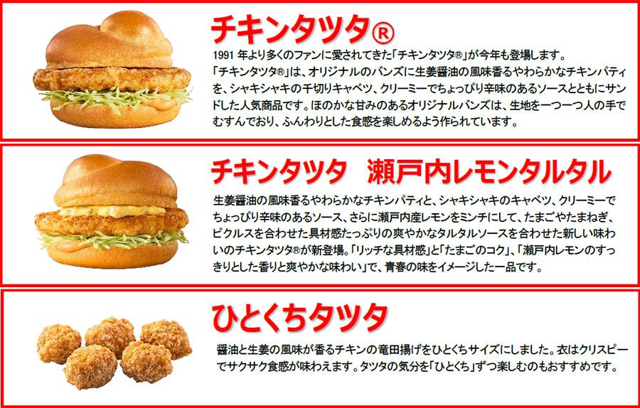 「チキンタツタ®」「チキンタツタ 瀬戸内レモンタルタル」「ひとくちタツタ」